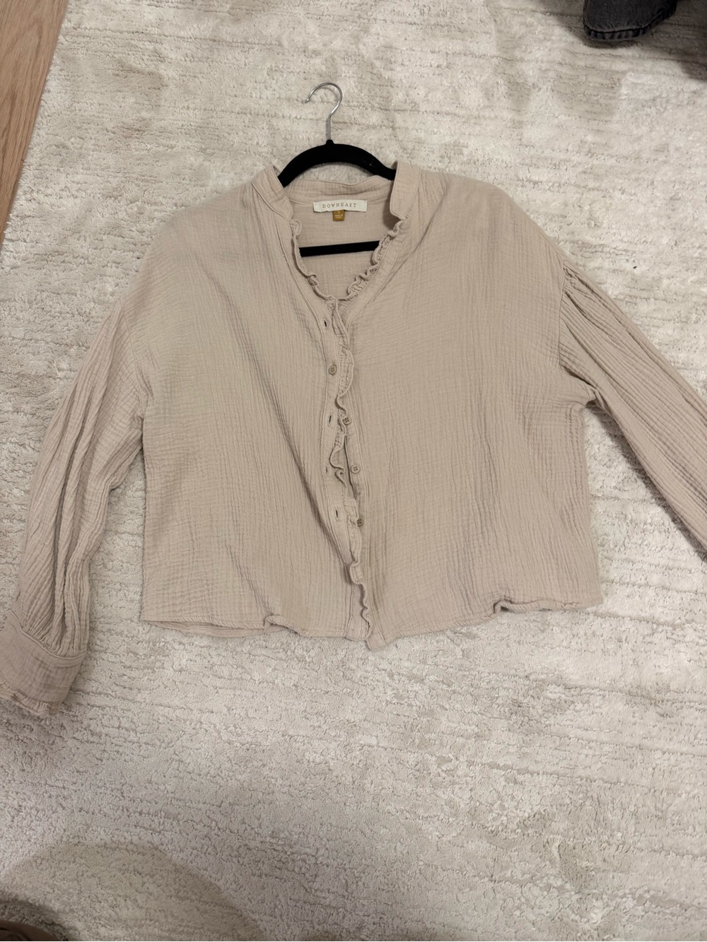 DownEast Cream Ruffle-Trim Button Down Blouse
